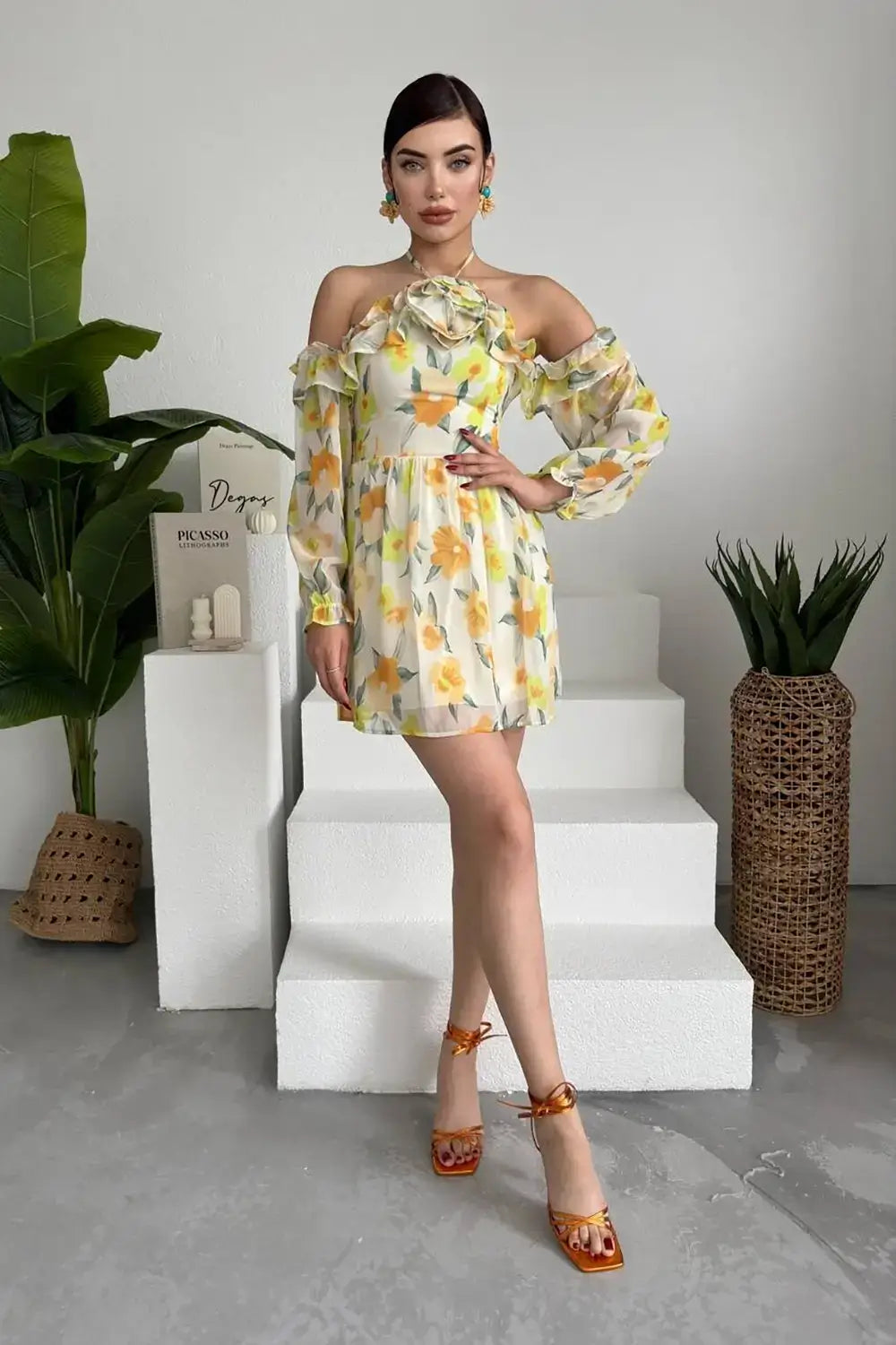 Rochie mini Zaria, Bej, cu imprimeu floral