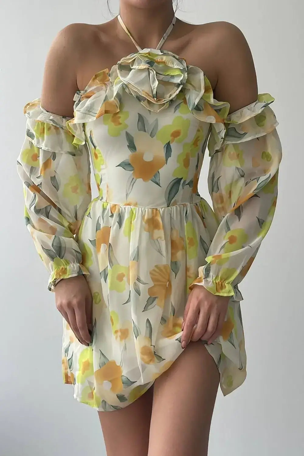 Rochie mini Zaria, Bej, cu imprimeu floral