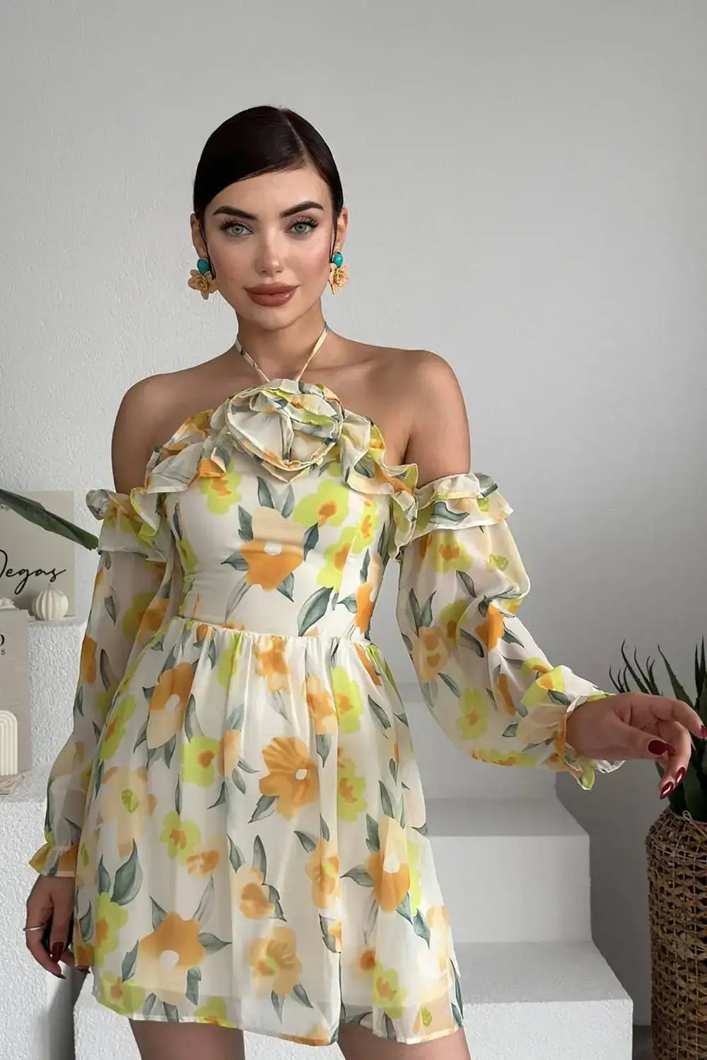 Rochie mini Zaria, Bej, cu imprimeu floral
