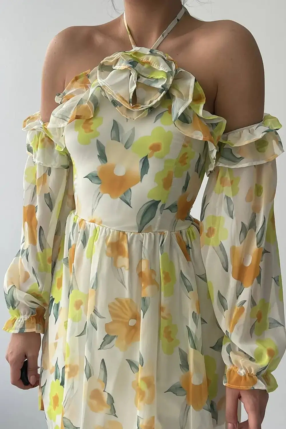 Rochie mini Zaria, Bej, cu imprimeu floral
