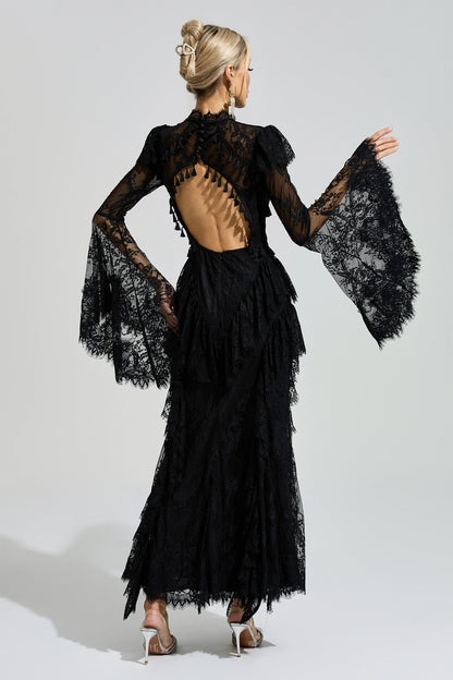 Rochie maxi Ravena din dantelă, neagră – spate