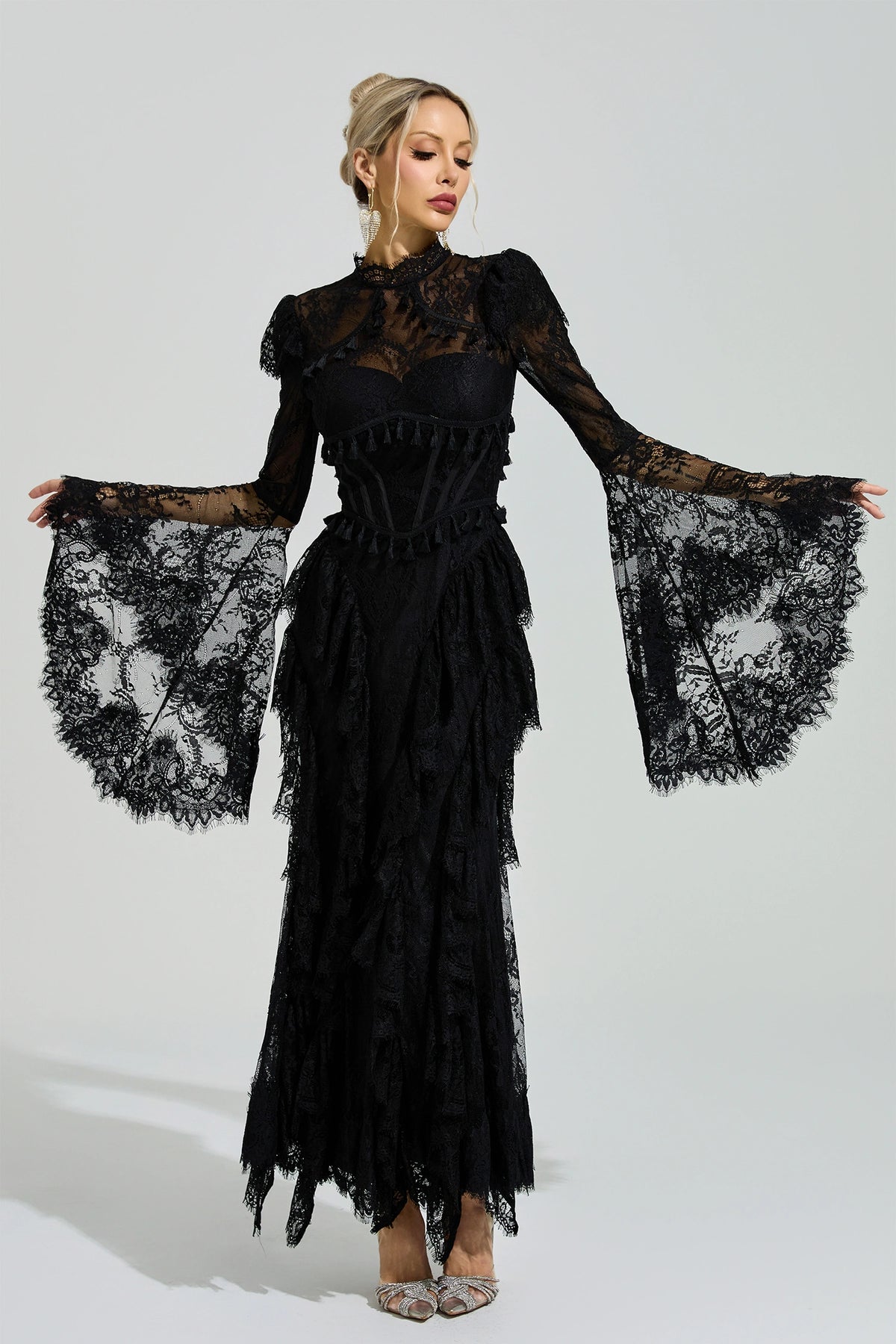 Rochie maxi Ravena din dantelă, neagră