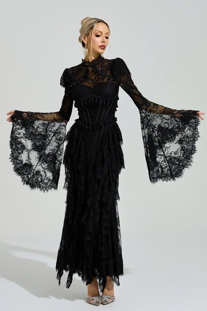 Rochie maxi Ravena din dantelă, neagră