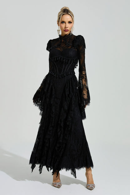 Rochie maxi Ravena din dantelă, neagră – față