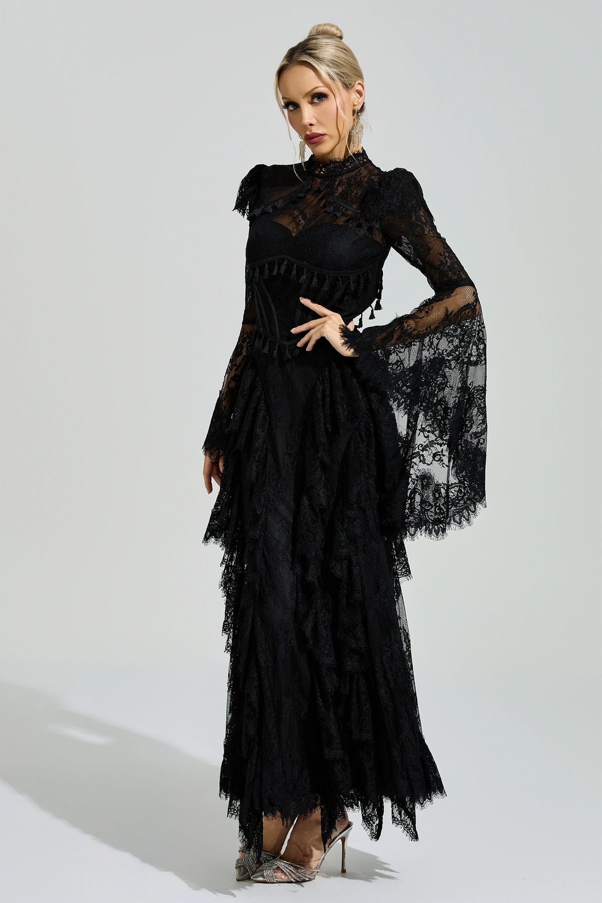 Rochie maxi Ravena din dantelă, neagră