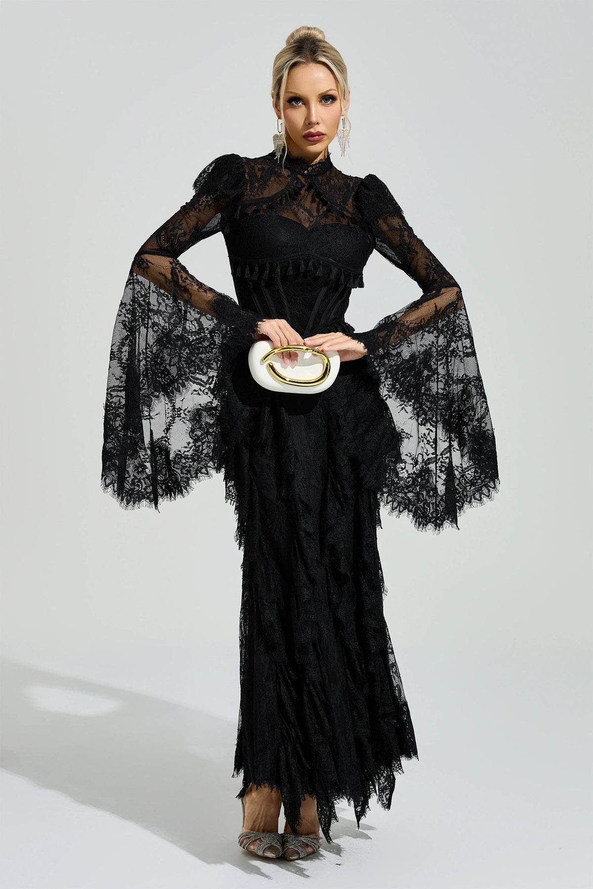 Rochie maxi Ravena din dantelă, neagră