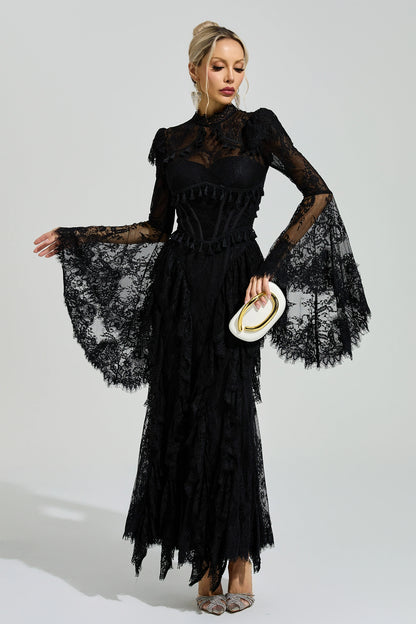 Rochie maxi Ravena din dantelă, neagră – detaliu