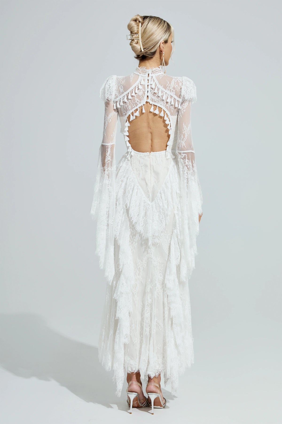 Rochie maxi Ravena din dantelă, albă – spate