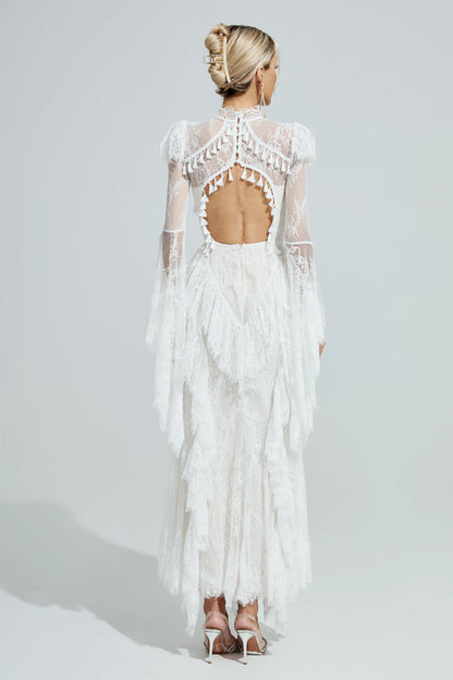 Rochie maxi Ravena din dantelă, albă – spate