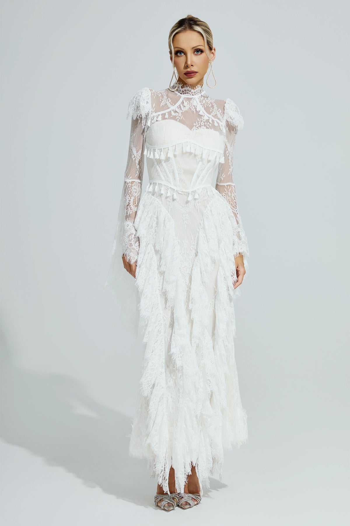 Rochie maxi Ravena din dantelă, albă – față