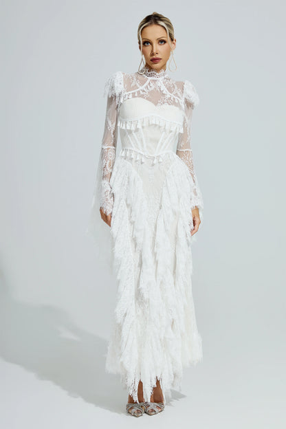 Rochie maxi Ravena din dantelă, albă – față