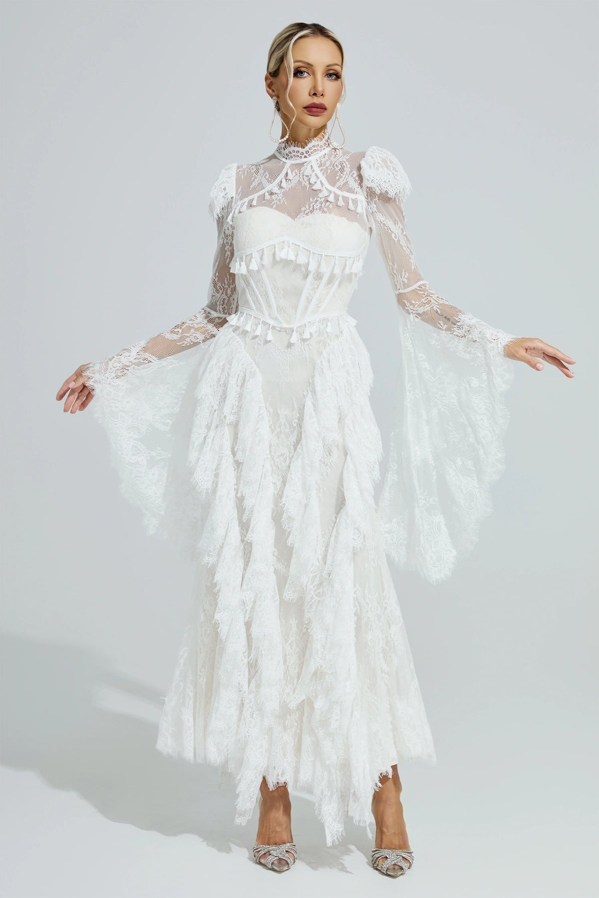 Rochie maxi Ravena din dantelă, albă