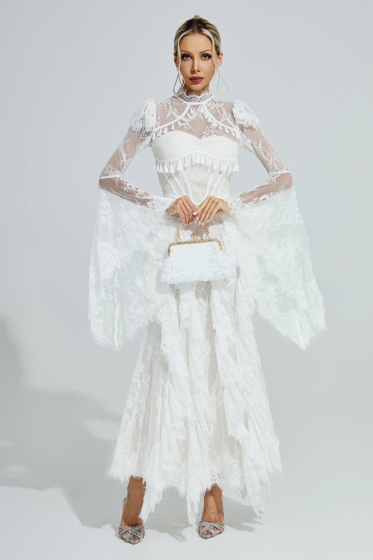Rochie maxi Ravena din dantelă, albă – detaliu
