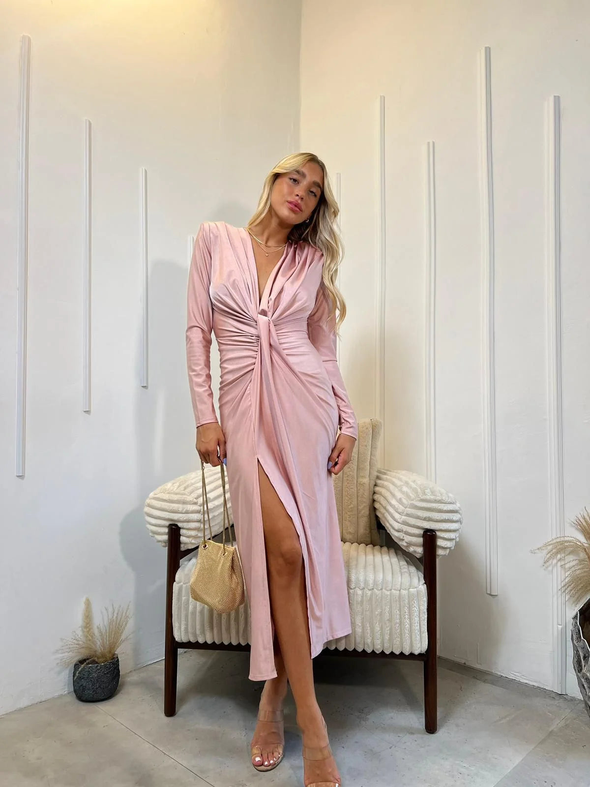 Rochie midi Eva, Roz pudra